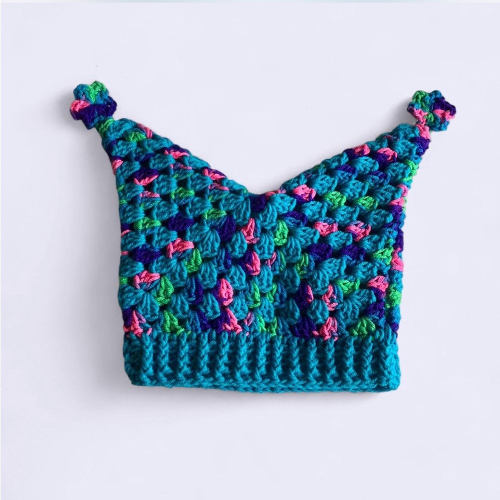 crochet blue and multi colored jester hat with mini stars HANDMADE